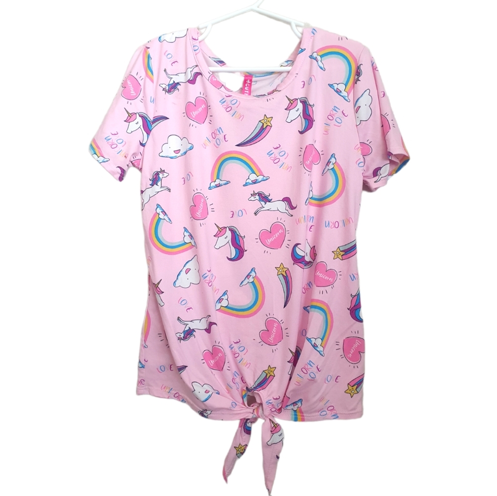 Cute 4 You Girl's Rainbow Unicorn Pink Top Front Tie. Sz M 10-12.